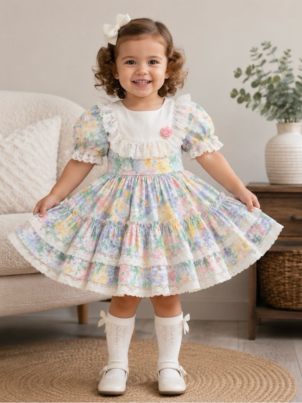 Pastel Floral Lace Dress with Ruffled Bib for Girls